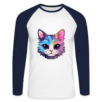 Kitten Colorful Watercolor Cartoon Kawaii Animal - Unisex Long Sleeve Baseball T-Shirt - white/navy - Front - Nik (191cm)