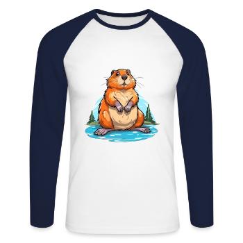 Castor Aquarelle Colorée Dessin Animé Kawaii Animal - T-shirt baseball manches longues Homme - blanc/marine - Devant - Nik (191cm)