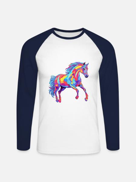 Cheval Aquarelle Colorée Dessin Animé Kawaii Animal - T-shirt baseball manches longues Homme - blanc/marine