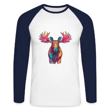 Moose Colorful Watercolor Cartoon Kawaii Animal - Unisex Long Sleeve Baseball T-Shirt - white/navy - Front - Nik (191cm)