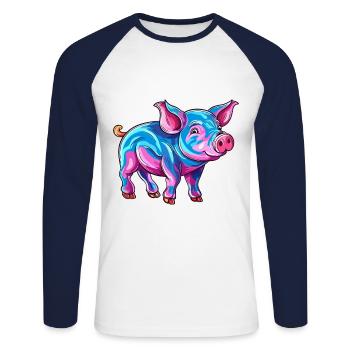 Cochon Aquarelle Colorée Dessin Animé Kawaii Animal - T-shirt baseball manches longues Homme - blanc/marine - Devant - Nik (191cm)