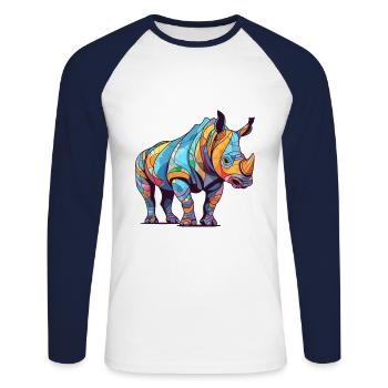 Rhino Colorful Watercolor Cartoon Kawaii Animal - Unisex Long Sleeve Baseball T-Shirt - white/navy - Front - Nik (191cm)