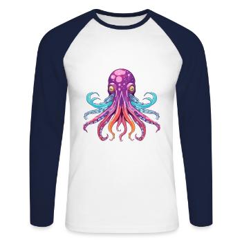 Squid Colorful Watercolor Cartoon Kawaii Animal - Unisex Long Sleeve Baseball T-Shirt - white/navy - Front - Nik (191cm)