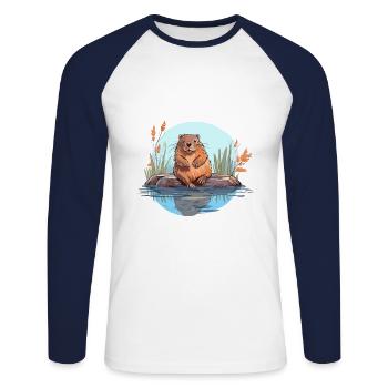 Beaver Colorful Watercolor Cartoon Kawaii Animal - Unisex Long Sleeve Baseball T-Shirt - white/navy - Front - Nik (191cm)