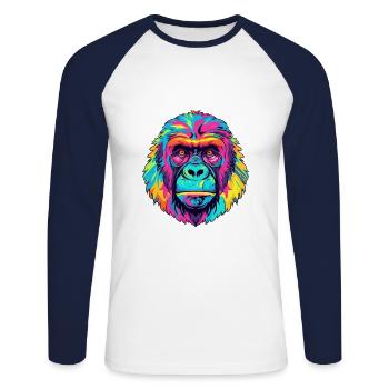 Gorilla Colorful Watercolor Cartoon Kawaii Animal - Unisex Long Sleeve Baseball T-Shirt - white/navy - Front - Nik (191cm)