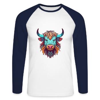 Yak Colorful Watercolor Cartoon Kawaii Animal - Unisex Long Sleeve Baseball T-Shirt - white/navy - Front - Nik (191cm)