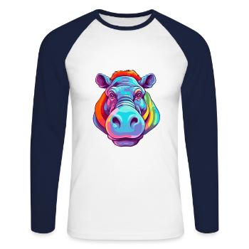 Nilpferd bunte Aquarell-Karikatur Kawaii-Tier - Unisex Baseballshirt langarm - Weiß/Navy - Vorne - Nik (191cm)