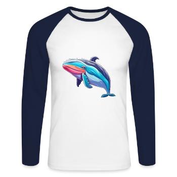 Wal bunte Aquarell-Karikatur Kawaii-Tier - Unisex Baseballshirt langarm - Weiß/Navy - Vorne - Nik (191cm)