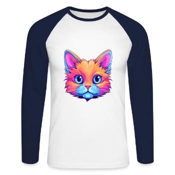 Kitten Colorful Watercolor Cartoon Kawaii Animal - Unisex Long Sleeve Baseball T-Shirt - white/navy - Front - Nik (191cm)