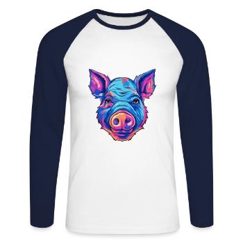 Cochon Aquarelle Colorée Dessin Animé Kawaii Animal - T-shirt baseball manches longues Homme - blanc/marine - Devant - Nik (191cm)