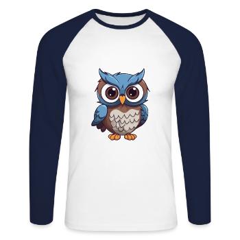 Hibou mignon dessin animé kawaii aquarelle animal de compagnie - T-shirt baseball manches longues Homme - blanc/marine - Devant - Nik (191cm)
