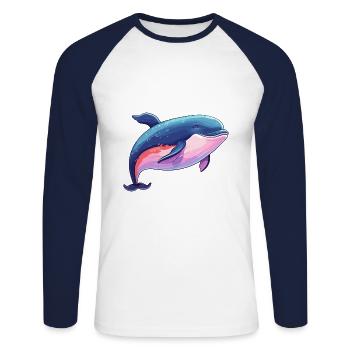 Wal bunte Aquarell-Karikatur Kawaii-Tier - Unisex Baseballshirt langarm - Weiß/Navy - Vorne - Nik (191cm)