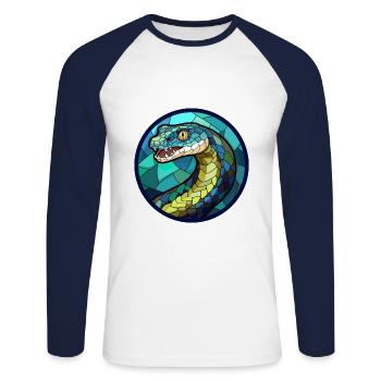 Anaconda vitrail coloré dessin animé Kawaii Ani - T-shirt baseball manches longues Homme - blanc/marine - Devant - Nik (191cm)