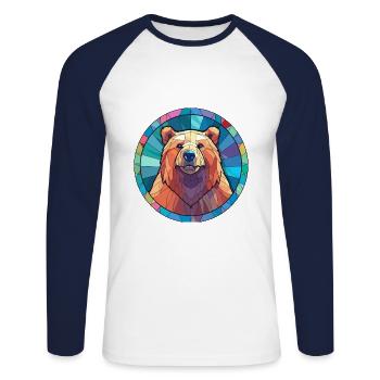 Ours vitrail coloré dessin animé Kawaii Animal - T-shirt baseball manches longues Homme - blanc/marine - Devant - Nik (191cm)