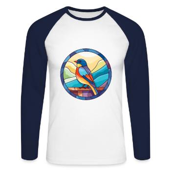 Oiseau vitrail coloré dessin animé Kawaii Animal - T-shirt baseball manches longues Homme - blanc/marine - Devant - Nik (191cm)