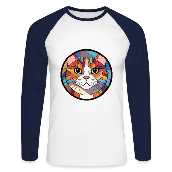 British Shorthair chat vitrail coloré Carto - T-shirt baseball manches longues Homme - blanc/marine - Devant - Nik (191cm)