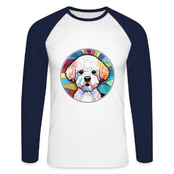 Bichons Frise chien vitrail coloré dessin animé K - T-shirt baseball manches longues Homme - blanc/marine - Devant - Nik (191cm)