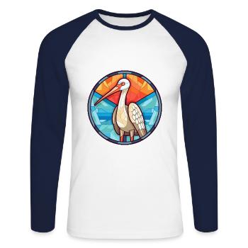 Kranich-Buntglas-Cartoon-Kawaii-Tier - Unisex Baseballshirt langarm - Weiß/Navy - Vorne - Nik (191cm)
