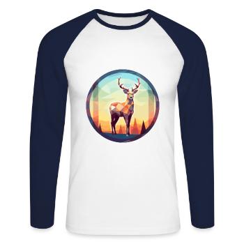 Cerf vitrail coloré dessin animé Kawaii Animal - T-shirt baseball manches longues Homme - blanc/marine - Devant - Nik (191cm)