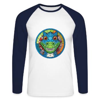 Crocodile vitrail coloré dessin animé Kawaii An - T-shirt baseball manches longues Homme - blanc/marine - Devant - Nik (191cm)