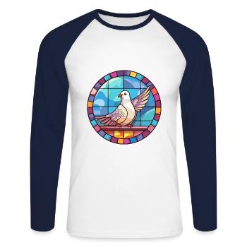 Colombe vitrail coloré Cartoon Kawaii Animal - T-shirt baseball manches longues Homme - blanc/marine - Devant - Nik (191cm)
