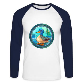 Canard vitrail coloré dessin animé Kawaii Animal - T-shirt baseball manches longues Homme - blanc/marine - Devant - Nik (191cm)