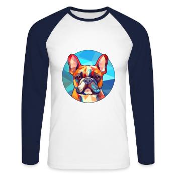 Bouledogue Français chien vitrail coloré dessin animé - T-shirt baseball manches longues Homme - blanc/marine - Devant - Nik (191cm)