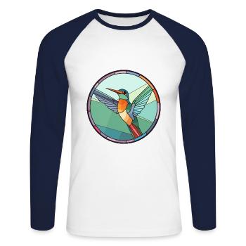Colibri vitrail coloré dessin animé Kawaii - T-shirt baseball manches longues Homme - blanc/marine - Devant - Nik (191cm)