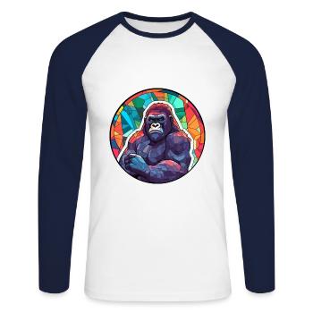 Gorille vitrail coloré dessin animé Kawaii Anim - T-shirt baseball manches longues Homme - blanc/marine - Devant - Nik (191cm)