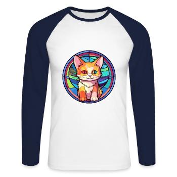 Chaton vitrail coloré dessin animé Kawaii Anima - T-shirt baseball manches longues Homme - blanc/marine - Devant - Nik (191cm)