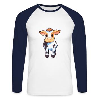 Vache Mignon Dessin Animé Kawaii Aquarelle Animal Animal De Compagnie - T-shirt baseball manches longues Homme - blanc/marine - Devant - Nik (191cm)