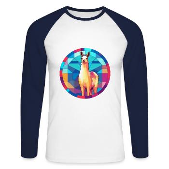 Llama Stained Glass Colorful Cartoon Kawaii Animal - Unisex Long Sleeve Baseball T-Shirt - white/navy - Front - Nik (191cm)
