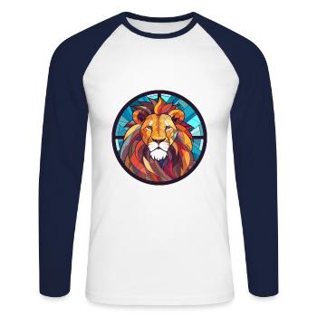 Lion vitrail coloré dessin animé Kawaii Animal - T-shirt baseball manches longues Homme - blanc/marine - Devant - Nik (191cm)
