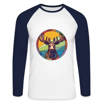 Moose Stained Glass Colorful Cartoon Kawaii Animal - Unisex Long Sleeve Baseball T-Shirt - white/navy - Front - Nik (191cm)