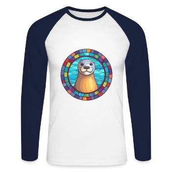 Siegel Buntes Glas Bunte Karikatur Kawaii Tier - Unisex Baseballshirt langarm - Weiß/Navy - Vorne - Nik (191cm)