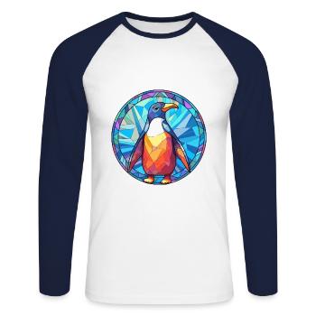Pingouin vitrail coloré dessin animé Kawaii Anim - T-shirt baseball manches longues Homme - blanc/marine - Devant - Nik (191cm)