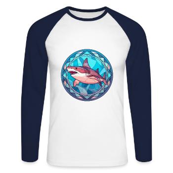 Requin vitrail coloré dessin animé Kawaii Animal - T-shirt baseball manches longues Homme - blanc/marine - Devant - Nik (191cm)