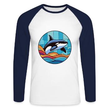 Orca Stained Glass Colorful Cartoon Kawaii Animal - Unisex Long Sleeve Baseball T-Shirt - white/navy - Front - Nik (191cm)