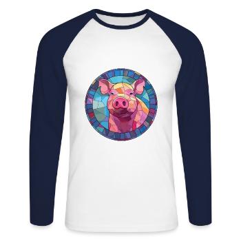 Cochon vitrail coloré dessin animé Kawaii Animal - T-shirt baseball manches longues Homme - blanc/marine - Devant - Nik (191cm)