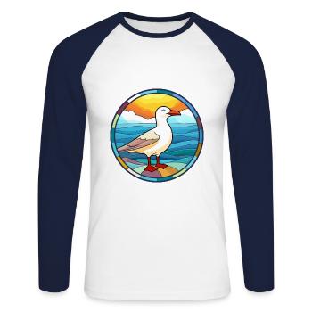 Mouette vitrail coloré Cartoon Kawaii Anim - T-shirt baseball manches longues Homme - blanc/marine - Devant - Nik (191cm)