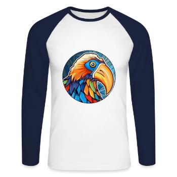 Oiseau vitrail coloré dessin animé Kawaii Animal - T-shirt baseball manches longues Homme - blanc/marine - Devant - Nik (191cm)