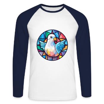 Colombe vitrail coloré Cartoon Kawaii Animal - T-shirt baseball manches longues Homme - blanc/marine - Devant - Nik (191cm)