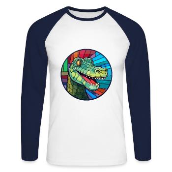 Crocodile vitrail coloré dessin animé Kawaii An - T-shirt baseball manches longues Homme - blanc/marine - Devant - Nik (191cm)