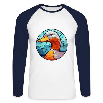Canard vitrail coloré dessin animé Kawaii Animal - T-shirt baseball manches longues Homme - blanc/marine - Devant - Nik (191cm)