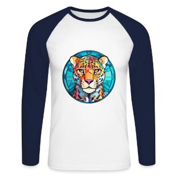 Leopard Stained Glass Colorful Cartoon Kawaii Anim - Unisex Long Sleeve Baseball T-Shirt - white/navy - Front - Nik (191cm)