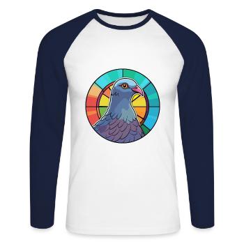 Pigeon vitrail coloré dessin animé Kawaii Anima - T-shirt baseball manches longues Homme - blanc/marine - Devant - Nik (191cm)
