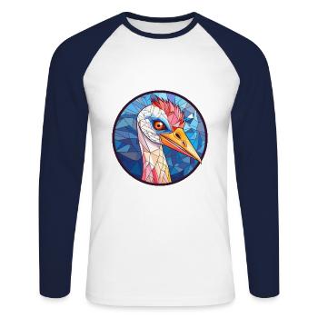 Kranich-Buntglas-Cartoon-Kawaii-Tier - Unisex Baseballshirt langarm - Weiß/Navy - Vorne - Nik (191cm)