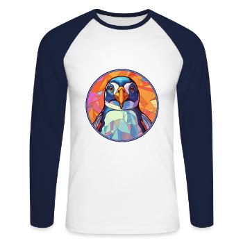 Pingouin vitrail coloré dessin animé Kawaii Anim - T-shirt baseball manches longues Homme - blanc/marine - Devant - Nik (191cm)