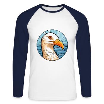 Mouette vitrail coloré Cartoon Kawaii Anim - T-shirt baseball manches longues Homme - blanc/marine - Devant - Nik (191cm)