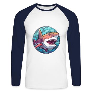 Requin vitrail coloré dessin animé Kawaii Animal - T-shirt baseball manches longues Homme - blanc/marine - Devant - Nik (191cm)
